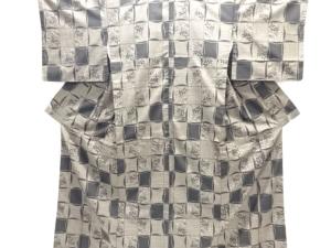 大特価品　格子に草花模様織り出し本場泥大島紬着物(5マルキ)